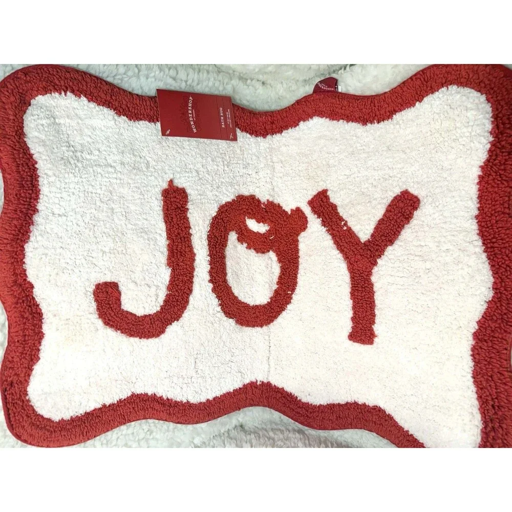 Wondershop Christmas 'Joy' Bath Rug 17x24 Cream Red Scalloped Border NEW